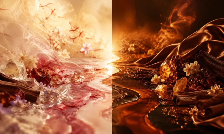 Luxury comparison image representing Baccarat Rouge 540 vs Maison Francis Kurkdjian Grand Soir through a split scene of airy glowing florals and saffron on one side and deep warm amber, resin, and silk on the other.