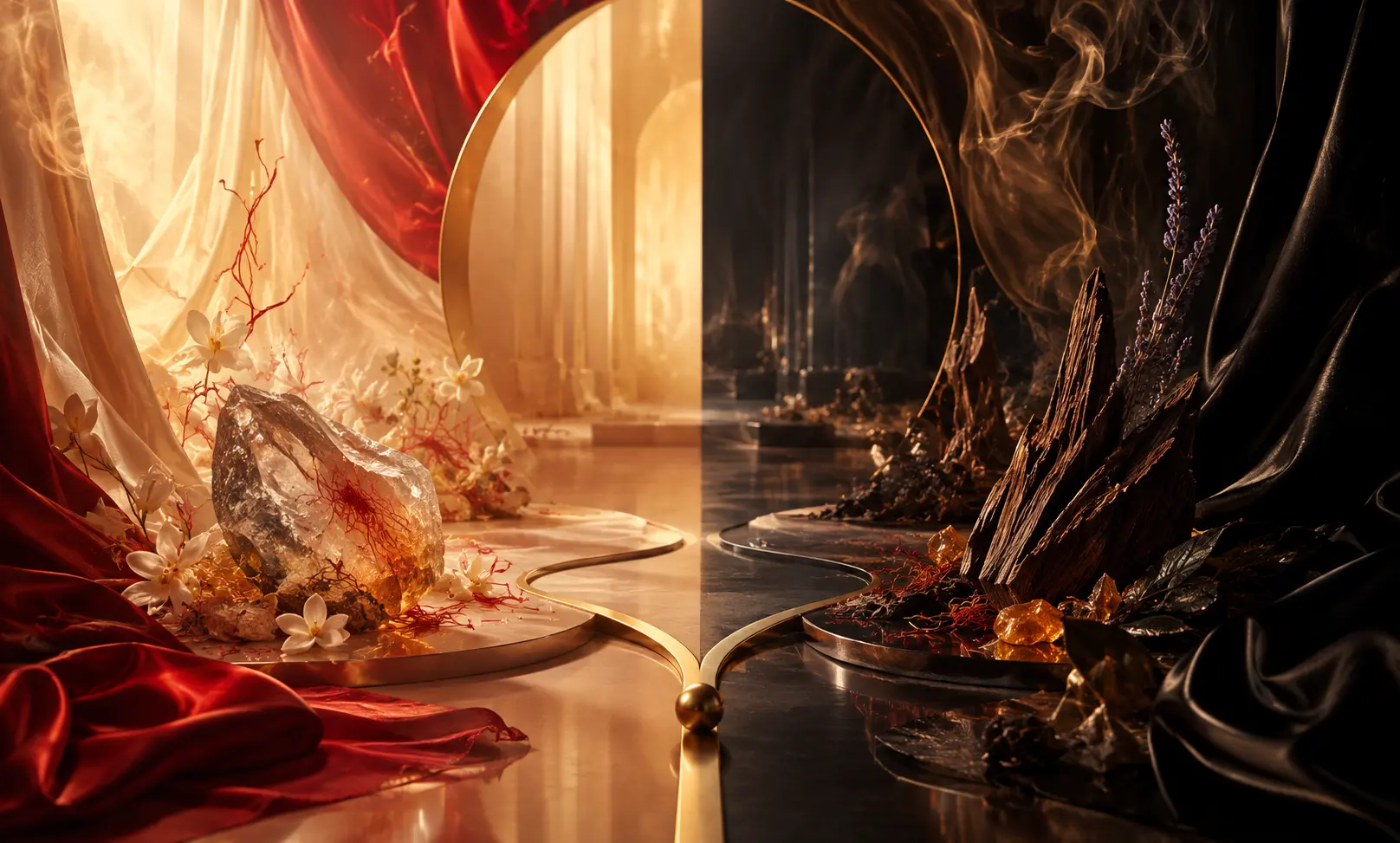 Baccarat Rouge 540 vs Initio Oud for Greatness luxury fragrance comparison with radiant amber floral warmth on one side and dark woody oud richness on the other