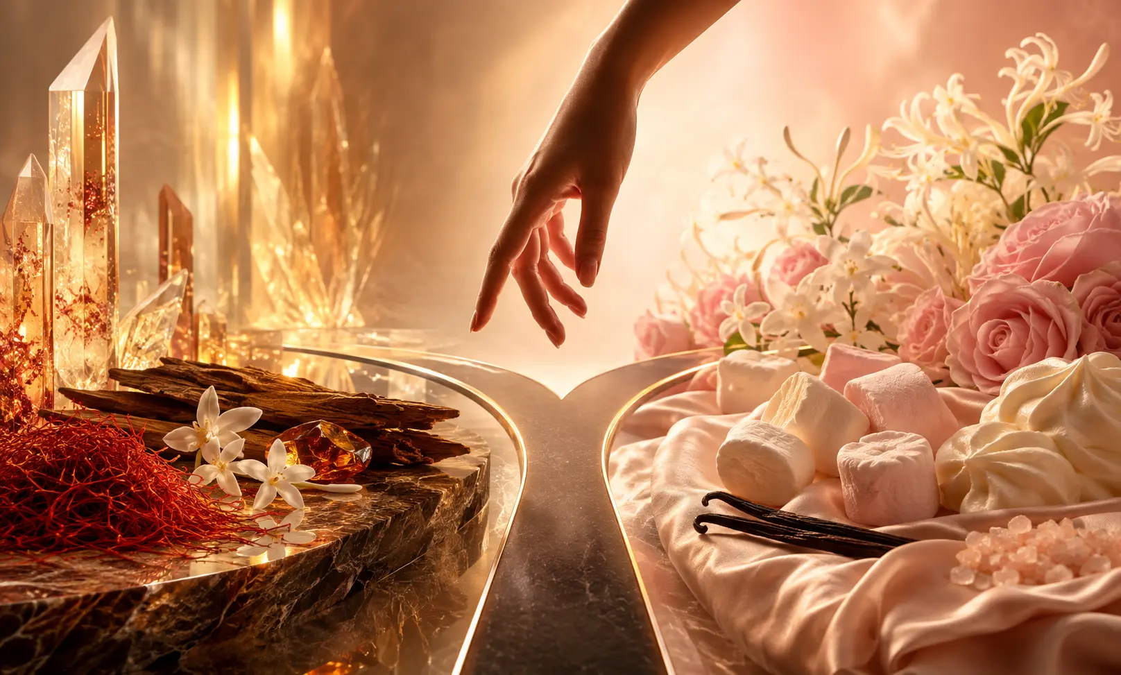 Luxury comparison image showing two contrasting fragrance worlds: Baccarat Rouge 540 represented by saffron, woods, amber glow, and crystal reflections versus Kilian Love, Don’t Be Shy represented by roses, marshmallow, vanilla, and soft pink silk, with a visual choice path between them.