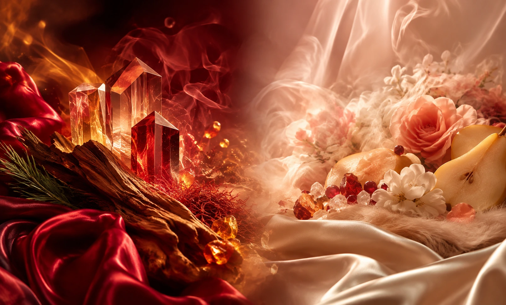 Editorial luxury image representing Baccarat Rouge 540 vs Lattafa Ana Abiyedh Rouge through glowing crystal, warm amber woods, red silk, soft florals, pear notes, and radiant scented mist.
