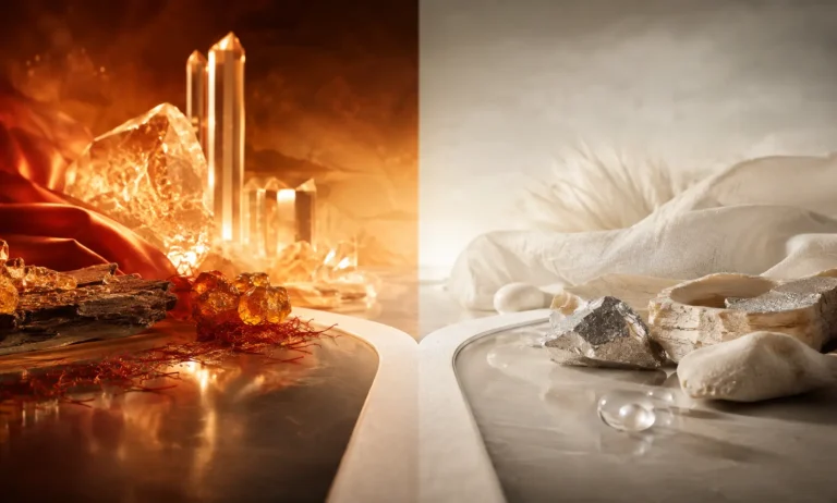 A luxury split-scene image representing Baccarat Rouge 540 vs Le Labo Another 13, contrasting warm radiant amber elements with clean minimalist musky tones.