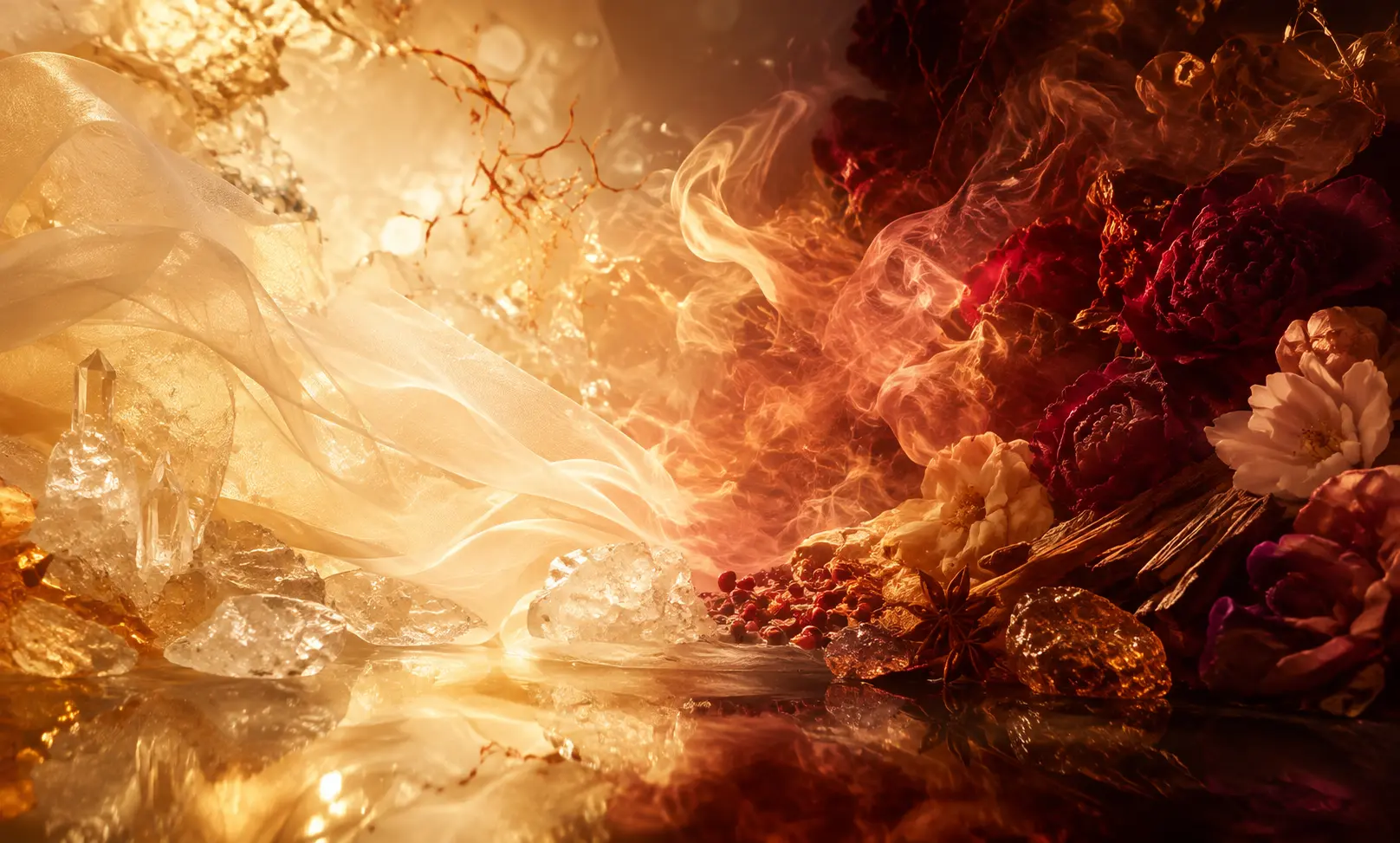 Luxurious abstract fragrance comparison image representing Baccarat Rouge 540 vs Mancera Instant Crush through glowing amber light, crystal reflections, rich crimson florals, warm spice, and swirling scented mist
