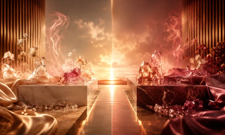 Luxury comparison image representing Baccarat Rouge 540 vs Oakcha Sweven, with glowing crystal reflections, warm saffron-amber tones, soft floral accents, and an elegant split composition symbolizing a fragrance buying decision.