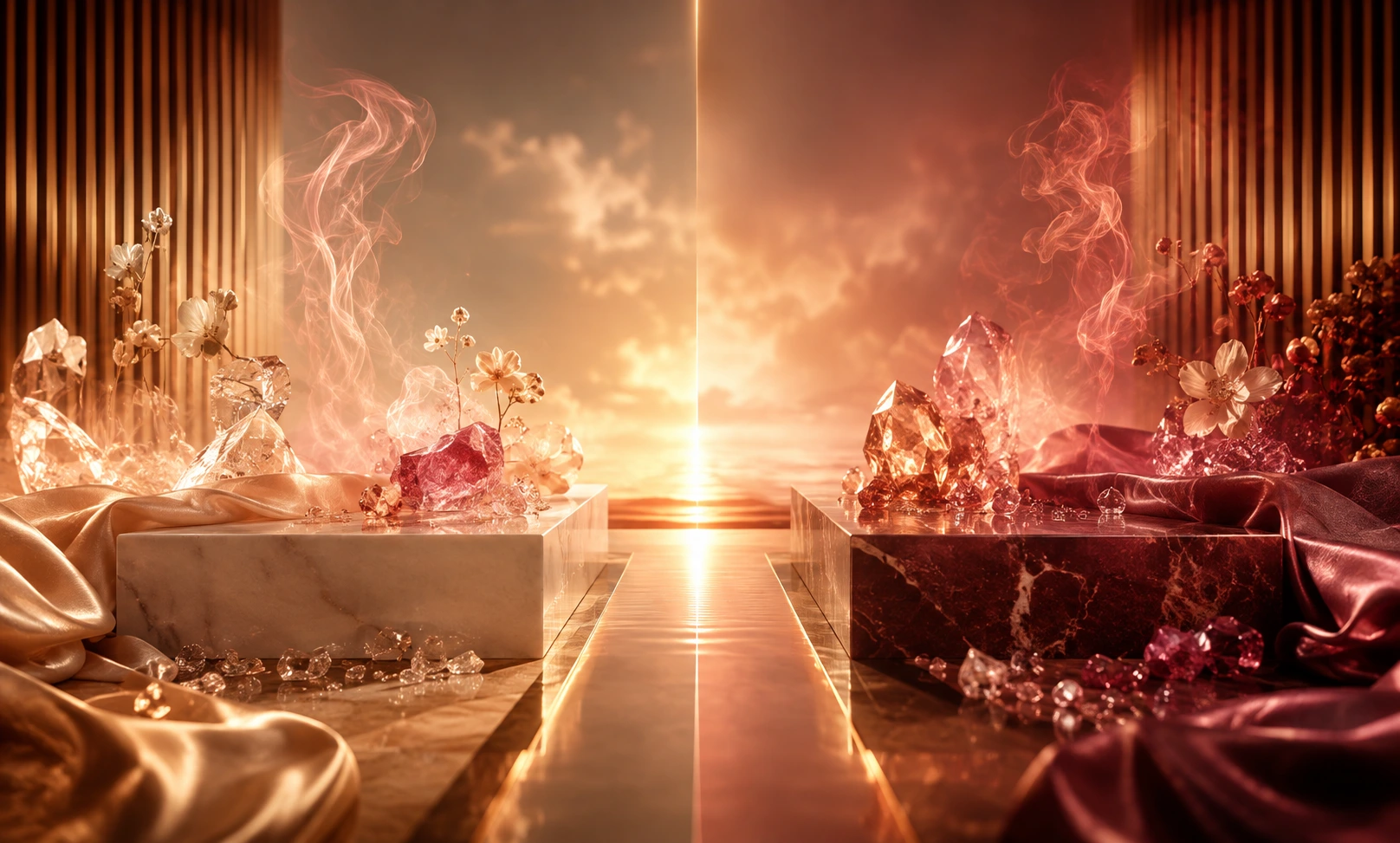 Luxury comparison image representing Baccarat Rouge 540 vs Oakcha Sweven, with glowing crystal reflections, warm saffron-amber tones, soft floral accents, and an elegant split composition symbolizing a fragrance buying decision.