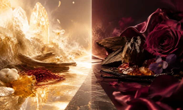 A luxurious split-scene image comparing Baccarat Rouge 540 and Oud Satin Mood through contrasting scent moods, with glowing saffron, jasmine, amber, and airy woods on one side, and rich rose, oud, satin, and deep resinous warmth on the other.
