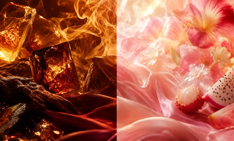 Baccarat Rouge 540 vs Sol de Janeiro Cheirosa 68 visual comparison showing warm amber crystal luxury against bright pink fruity floral softness