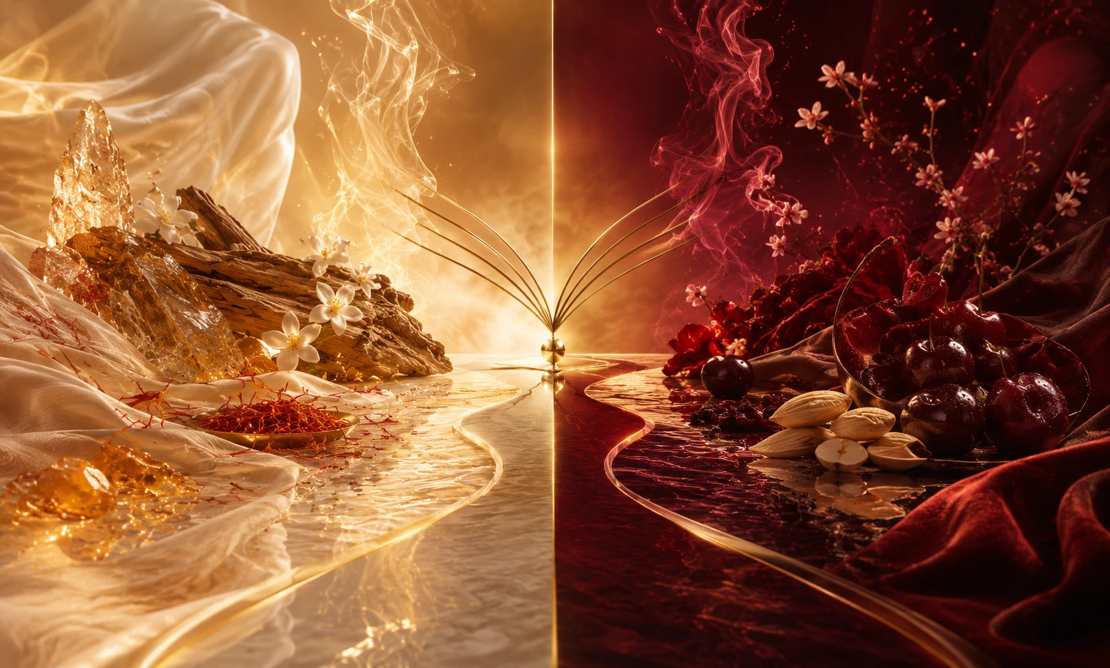 Luxury comparison image representing Baccarat Rouge 540 vs Tom Ford Lost Cherry through a split scene of airy golden saffron, crystal, and woods on one side, and deep red cherries, almond, and velvet sensuality on the other.