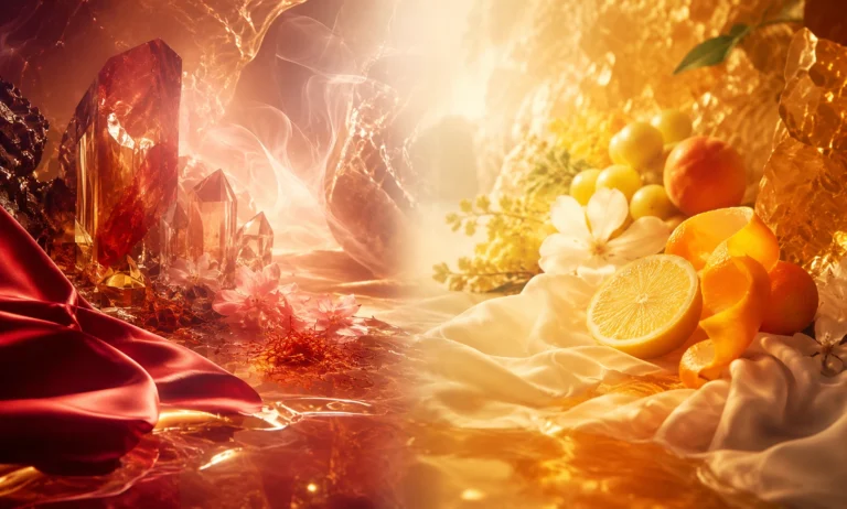 Luxurious editorial image representing Baccarat Rouge 540 vs Xerjoff Erba Pura through glowing amber crystals, saffron-like warmth, citrus fruits, and creamy floral elements without perfume bottles