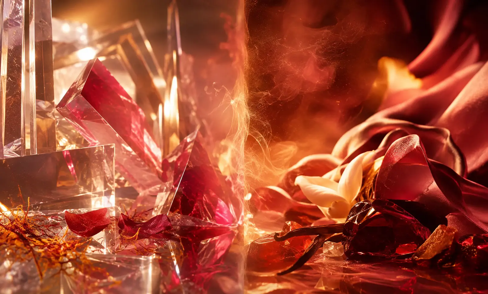 Abstract luxury image representing Baccarat Rouge 540 vs Zara Red Temptation with glowing amber light, ruby crystal reflections, and rich red silk