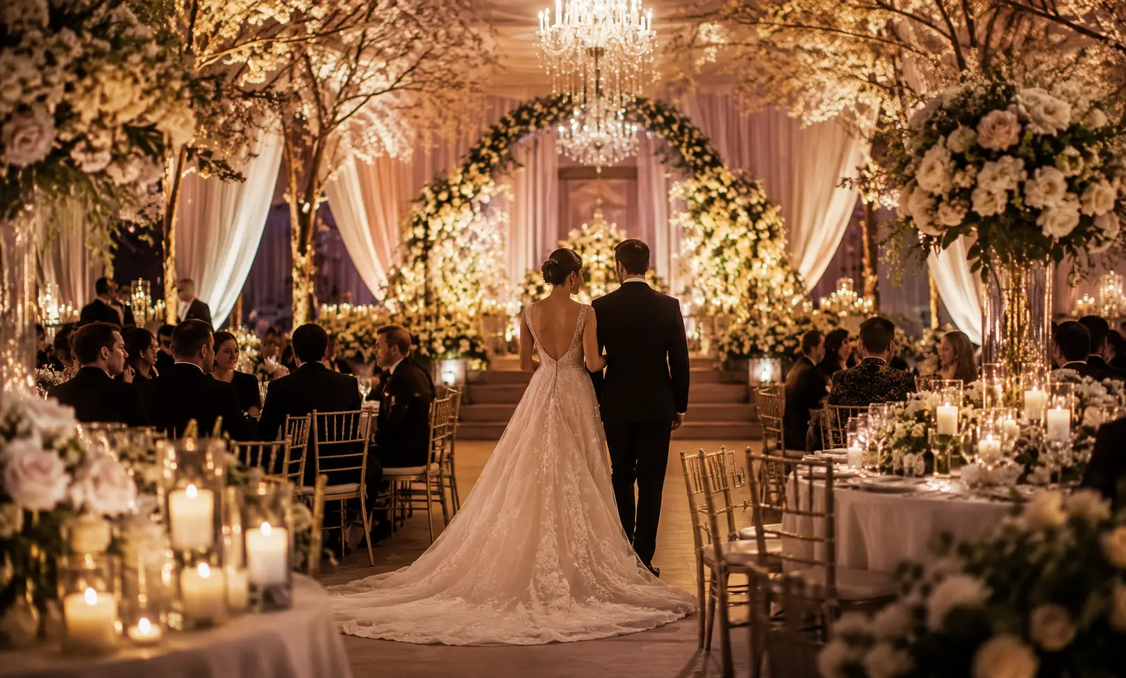 Elegant bride and groom entering a candlelit wedding reception, representing Baccarat Rouge 540 as a luxurious wedding fragrance
