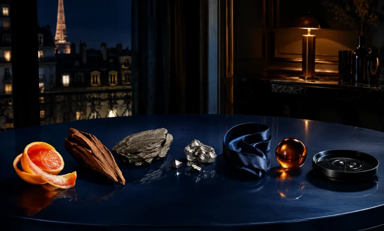 Seven refined scent-inspired elements in a cinematic blue and amber setting representing sophisticated alternatives to Bleu de Chanel Eau de Parfum.