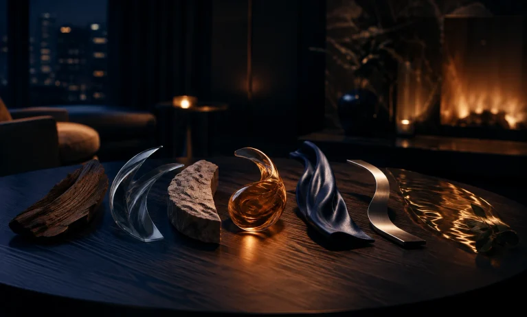 Cinematic navy, amber, wood, stone, and glass composition representing smooth, mature alternatives to Bleu de Chanel Parfum