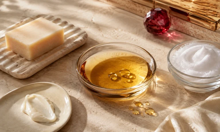 Baccarat Rouge 540 body oil, hand cream, cleansing foam, and scented soap compared on a luxury vanity