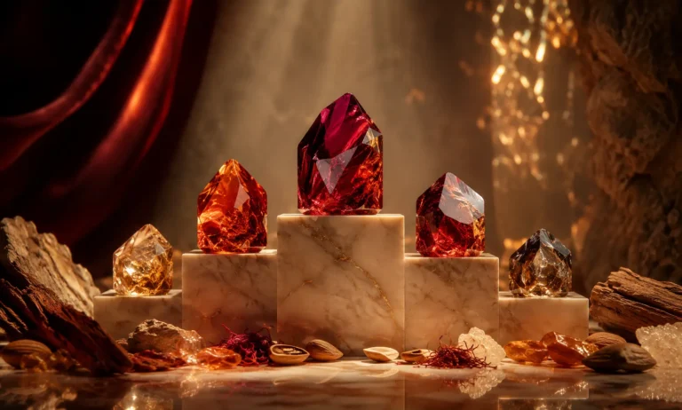 Luxurious gemstone-inspired composition representing the best Baccarat Rouge 540 Extrait dupes, with rich red crystals, warm amber tones, saffron-like details, and an opulent ranking-style display.