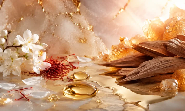 Luxurious still life representing the best Baccarat Rouge 540 perfume oil dupes with saffron threads, white jasmine flowers, amber crystals, cedar wood, and glowing golden oil droplets.