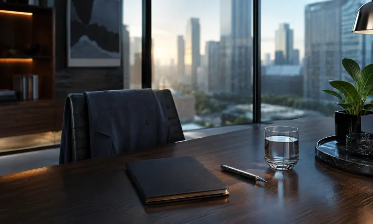 Modern executive office workspace representing polished Bleu de Chanel alternatives for professional daily wear