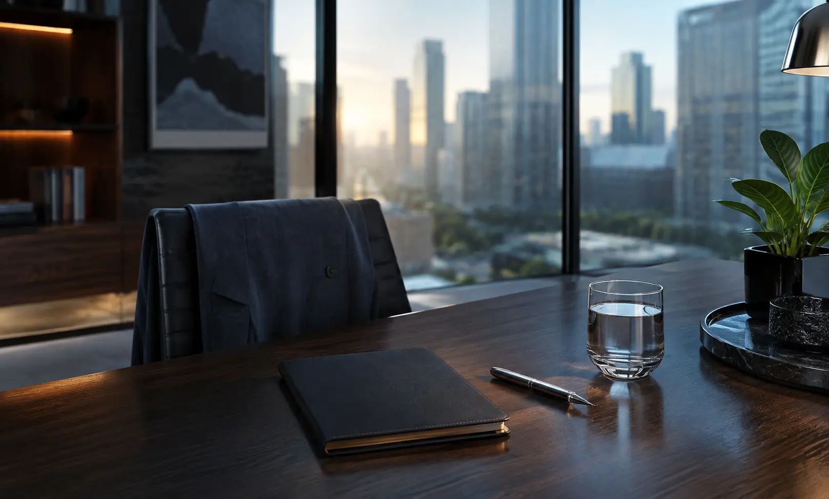 Modern executive office workspace representing polished Bleu de Chanel alternatives for professional daily wear