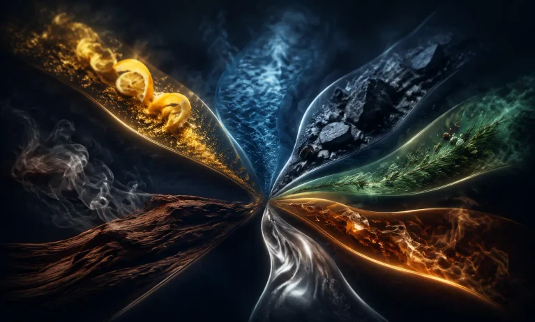 Abstract luxury fragrance pathways with citrus, aquatic, woody, smoky, mineral, green, and amber elements representing the best Bleu de Chanel alternatives