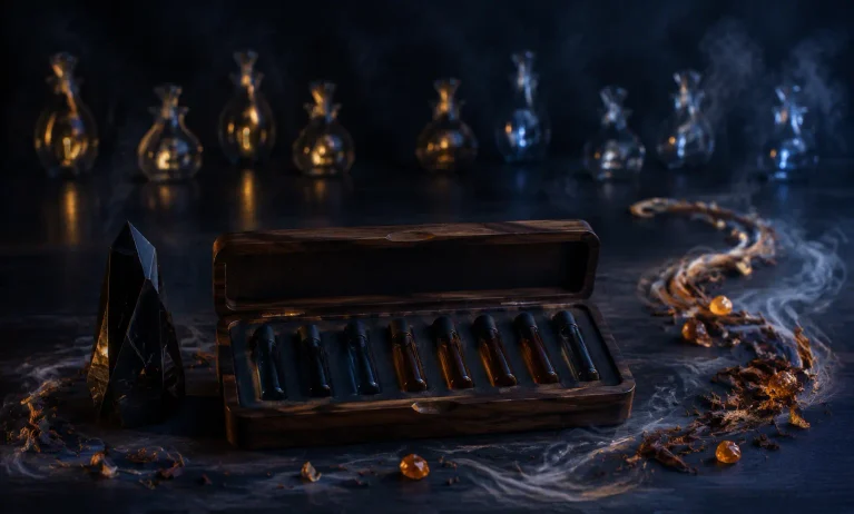 Cinematic dark woody and amber scene representing the best affordable Bleu de Chanel L’Exclusif dupes