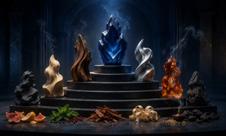 Seven abstract scent sculptures of blue crystal, cedar, sandalwood, amber, and dark stone arranged on a ranked podium to represent the best Bleu de Chanel Parfum dupes.