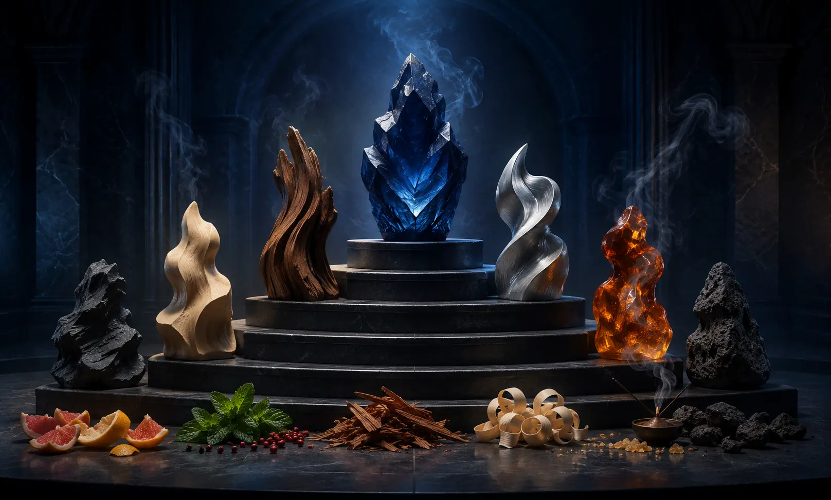 Seven abstract scent sculptures of blue crystal, cedar, sandalwood, amber, and dark stone arranged on a ranked podium to represent the best Bleu de Chanel Parfum dupes.