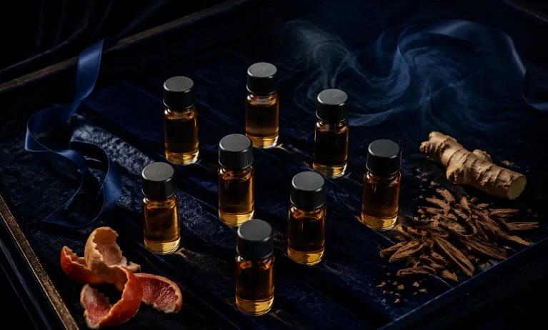 Eight unbranded perfume oil vials arranged on midnight-blue velvet with grapefruit peel, ginger, cedar wood, and smoky aromatic details.