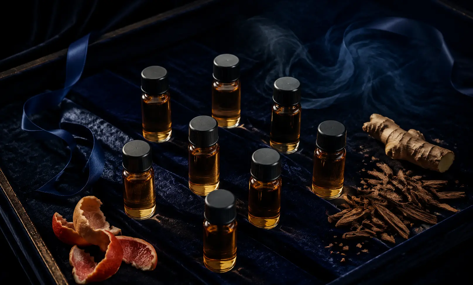 Eight unbranded perfume oil vials arranged on midnight-blue velvet with grapefruit peel, ginger, cedar wood, and smoky aromatic details.