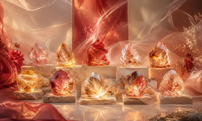 Ten glowing amber and rose crystals representing the best cheap alternatives to Baccarat Rouge 540.