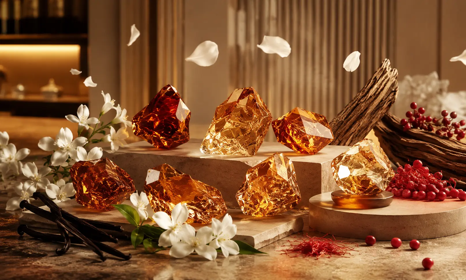 Luxury designer fragrance alternatives to Baccarat Rouge 540 represented by amber crystals, jasmine, vanilla, berries, saffron, and warm woods