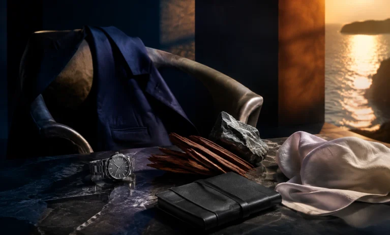 Cinematic luxury scene with a navy tailored jacket, cedarwood, mineral stone, silver watch, and ocean sunset representing polished designer alternatives to Bleu de Chanel.