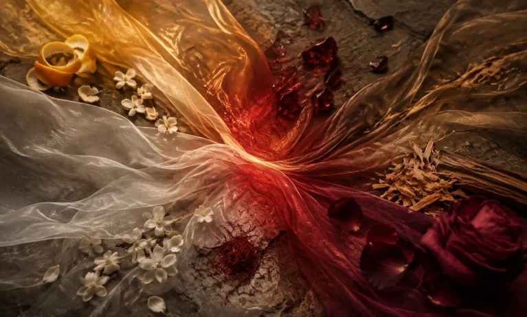 Ruby, amber, floral, citrus, and woody elements blending together to represent the best fragrances to layer with Baccarat Rouge 540