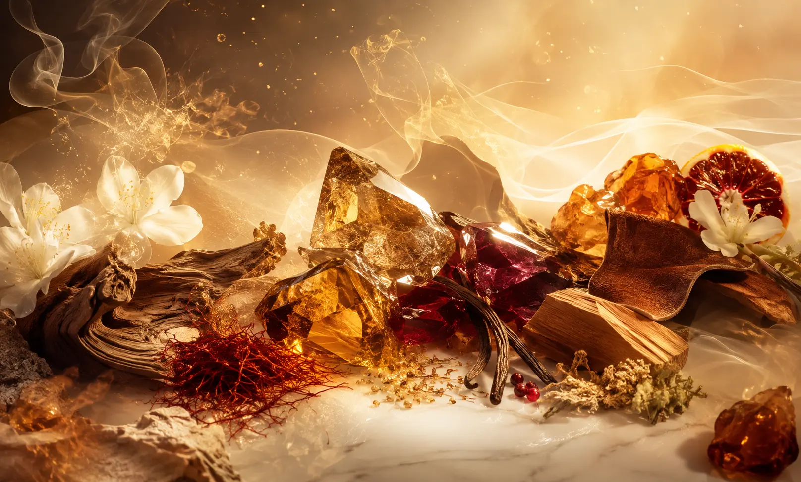 Luxury niche fragrance alternatives to Baccarat Rouge 540 represented by saffron, amber crystals, woods, vanilla, citrus, and white florals