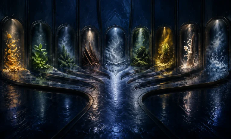 Midnight-blue luxury gallery with citrus, mint, woods, moss, and cool water representing niche alternatives to Bleu de Chanel