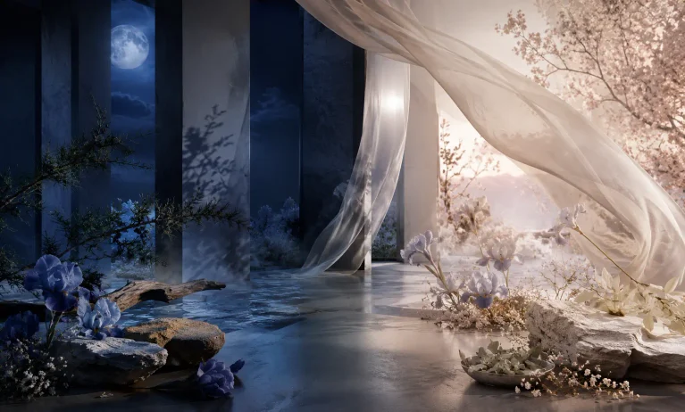 Cinematic blue-to-soft-neutral fragrance scene with iris flowers, sheer silk, mineral stones, and warm woods representing unisex and feminine-leaning alternatives to Bleu de Chanel.
