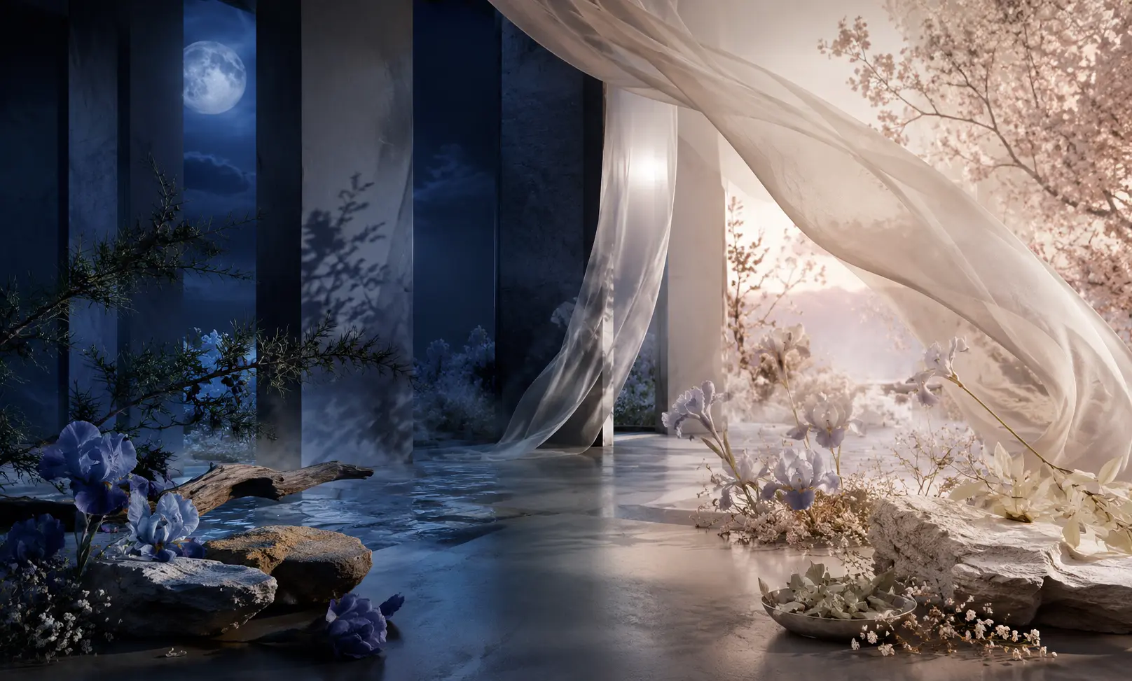 Cinematic blue-to-soft-neutral fragrance scene with iris flowers, sheer silk, mineral stones, and warm woods representing unisex and feminine-leaning alternatives to Bleu de Chanel.
