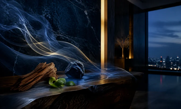 Cinematic luxury scene with cedarwood, citrus peel, dark stone, and blue smoky light representing expensive-smelling Bleu de Chanel alternatives