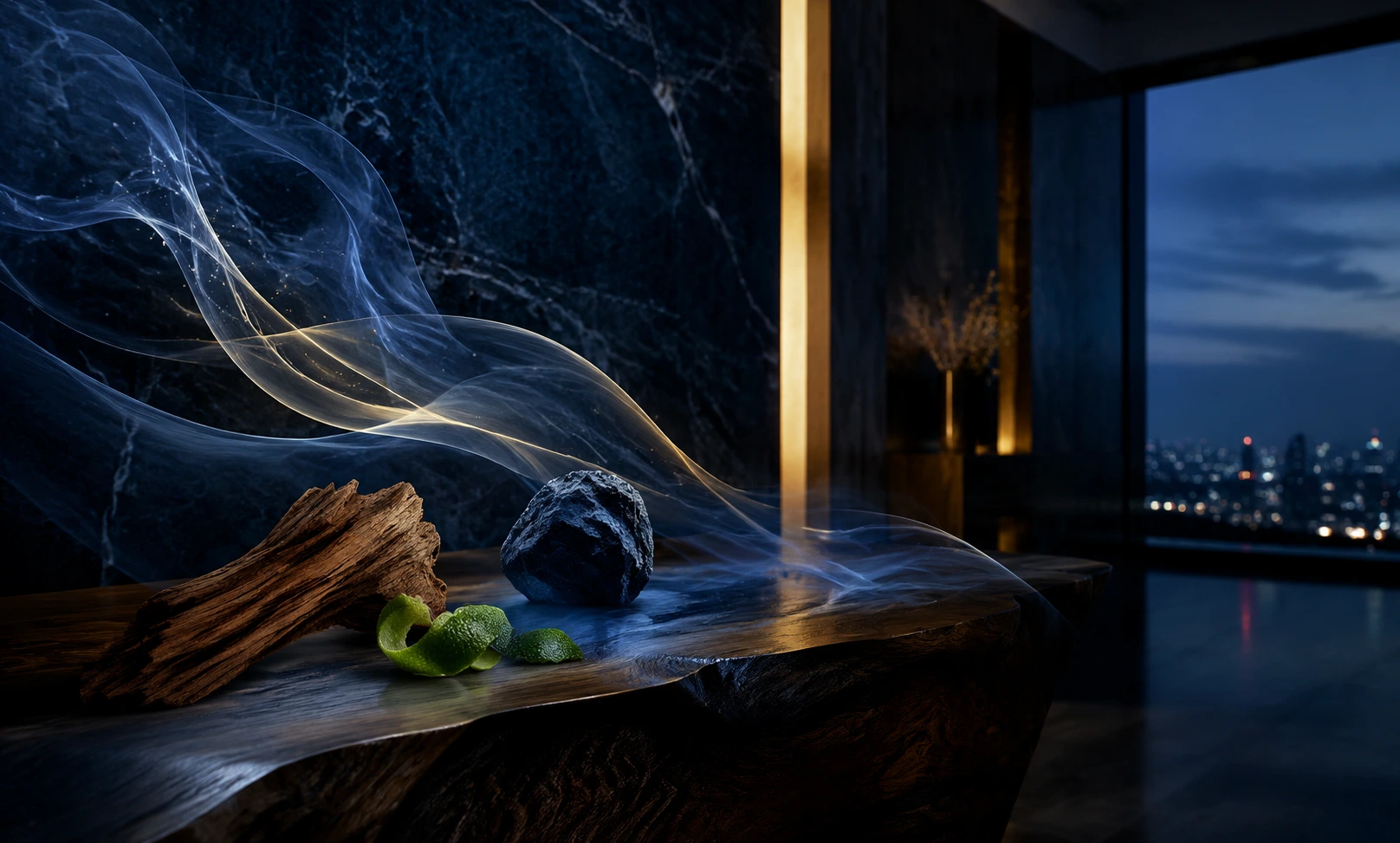Cinematic luxury scene with cedarwood, citrus peel, dark stone, and blue smoky light representing expensive-smelling Bleu de Chanel alternatives