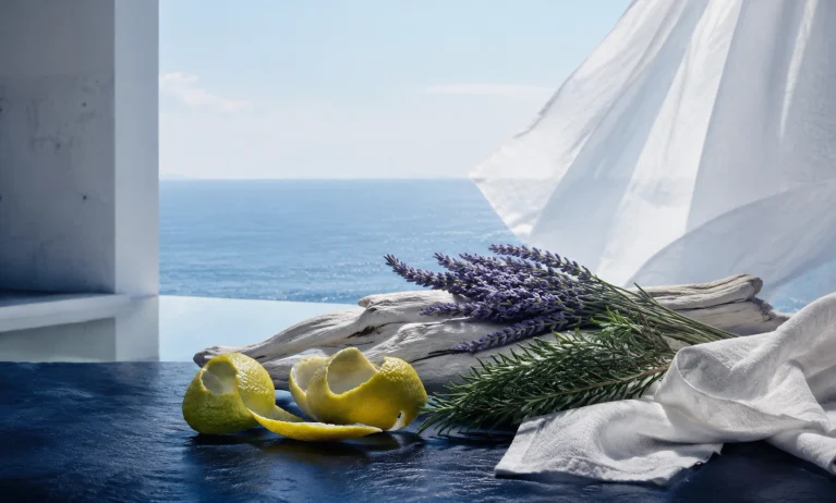 Fresh and refined Bleu de Chanel alternatives without smoky or incense-like notes, represented by citrus, lavender, rosemary, and a bright ocean view