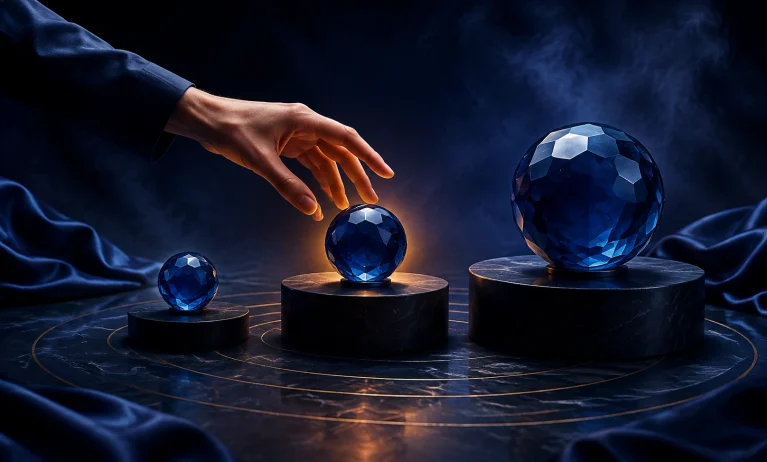Three blue crystal spheres in different sizes representing how to choose the best Bleu de Chanel bottle size.
