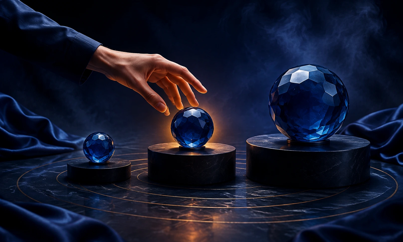 Three blue crystal spheres in different sizes representing how to choose the best Bleu de Chanel bottle size.