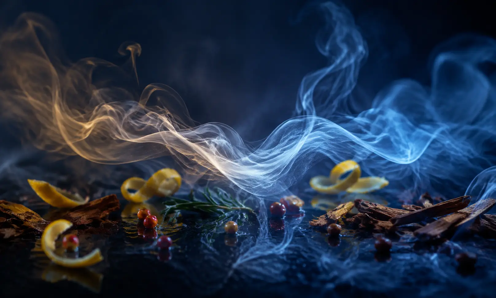 Citrus peel, pink pepper, aromatic herbs, cedar wood, and intertwined blue and amber fragrance smoke representing the scent similarity between Bleu de Chanel and Club de Nuit