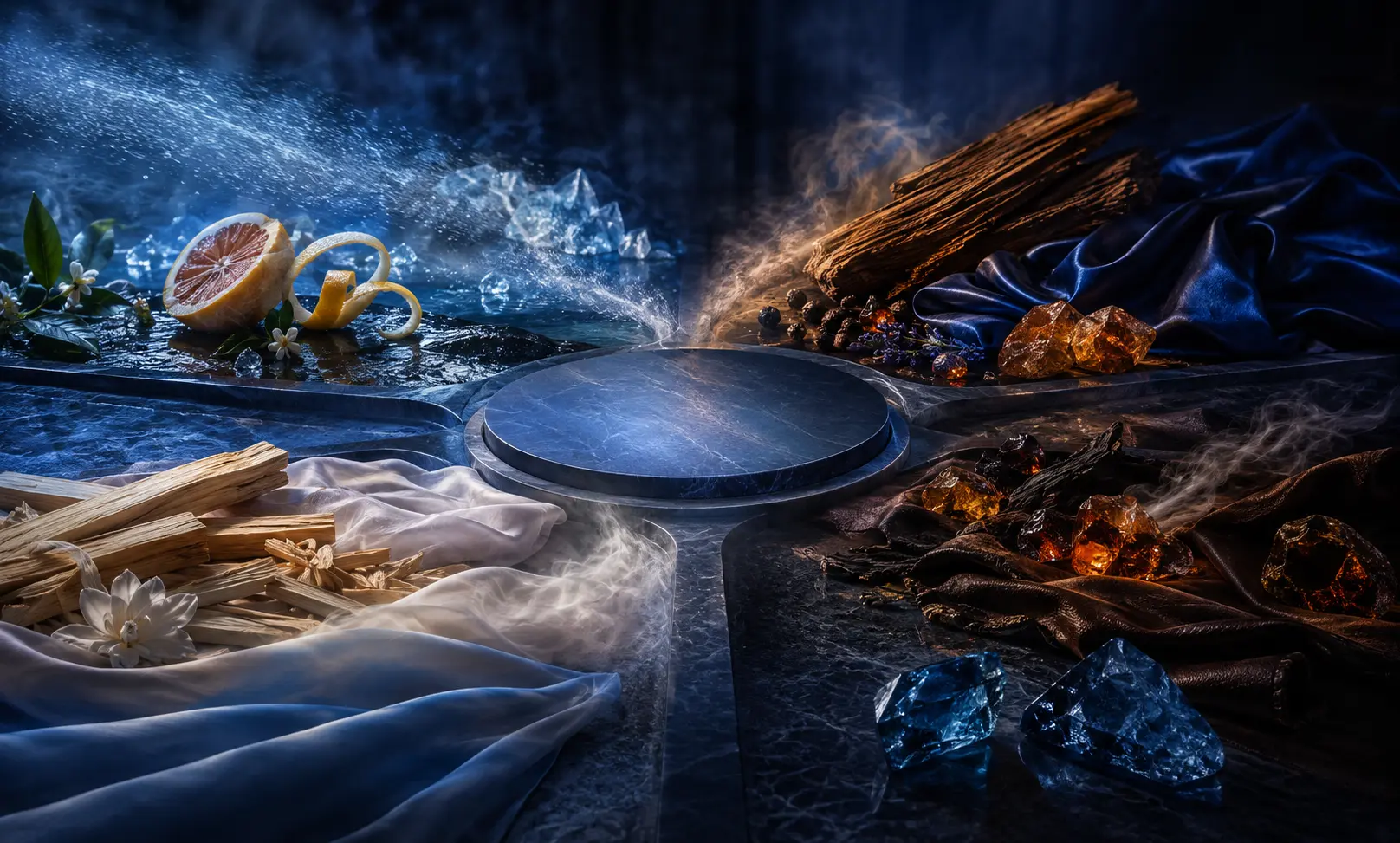 Conceptual comparison of Bleu de Chanel EDT, EDP, Parfum, and L’Exclusif through citrus, cedar, sandalwood, amber, and blue silk.