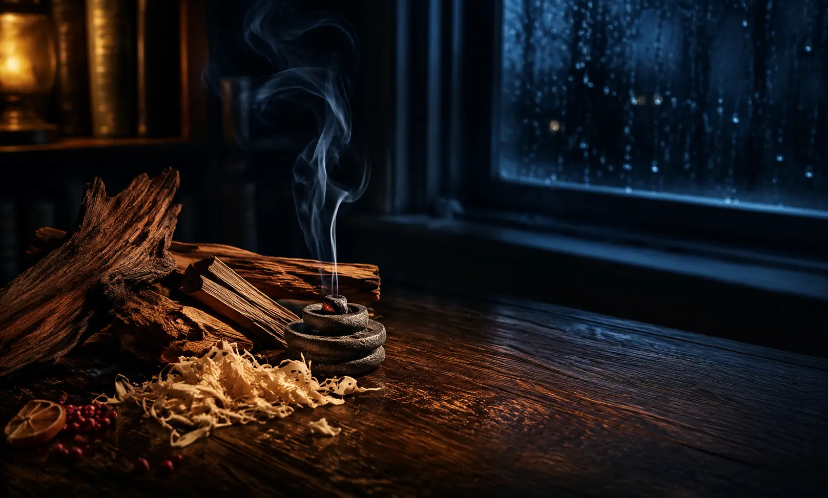 Warm cedarwood, sandalwood shavings, and soft incense smoke on a dark wooden table, representing Bleu de Chanel’s refined woody dry-down.