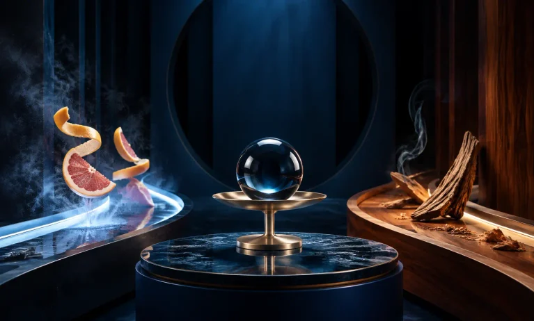 Dark blue crystal balanced between cool grapefruit mist and warm cedar incense, representing the freshness, depth, and value of Bleu de Chanel Eau de Parfum.