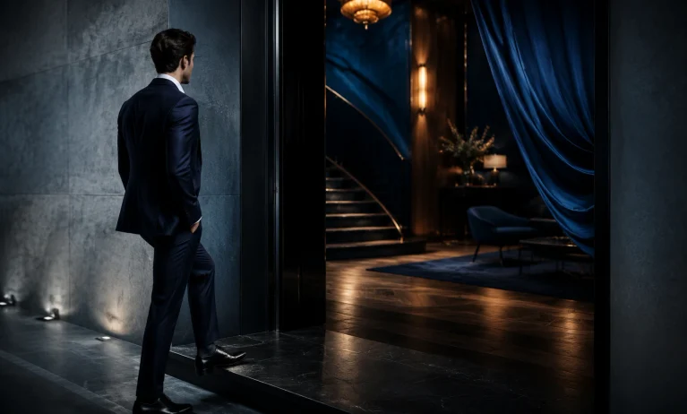 A well-dressed man stepping from a simple gray corridor into an elegant blue interior, symbolizing Bleu de Chanel as a first luxury fragrance