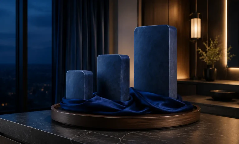 Three graduated blue sculptures on a luxury home vanity symbolizing Bleu de Chanel full bottle sizes for regular at-home use.