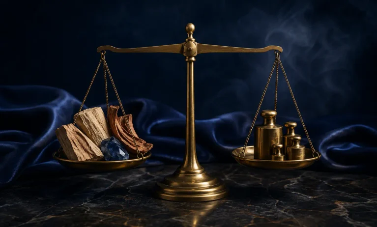 Brass balance scale weighing sandalwood, cedar, and blue crystal against gold weights, symbolizing whether Bleu de Chanel Parfum is worth its price.
