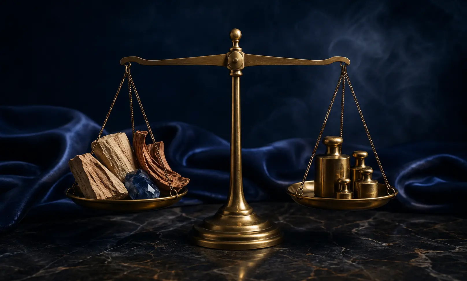 Brass balance scale weighing sandalwood, cedar, and blue crystal against gold weights, symbolizing whether Bleu de Chanel Parfum is worth its price.