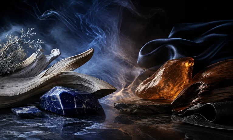 Cool blue woods and polished stone contrasted with glowing amber resin and dark silk, representing the dry-down of Bleu de Chanel Parfum vs L’Exclusif