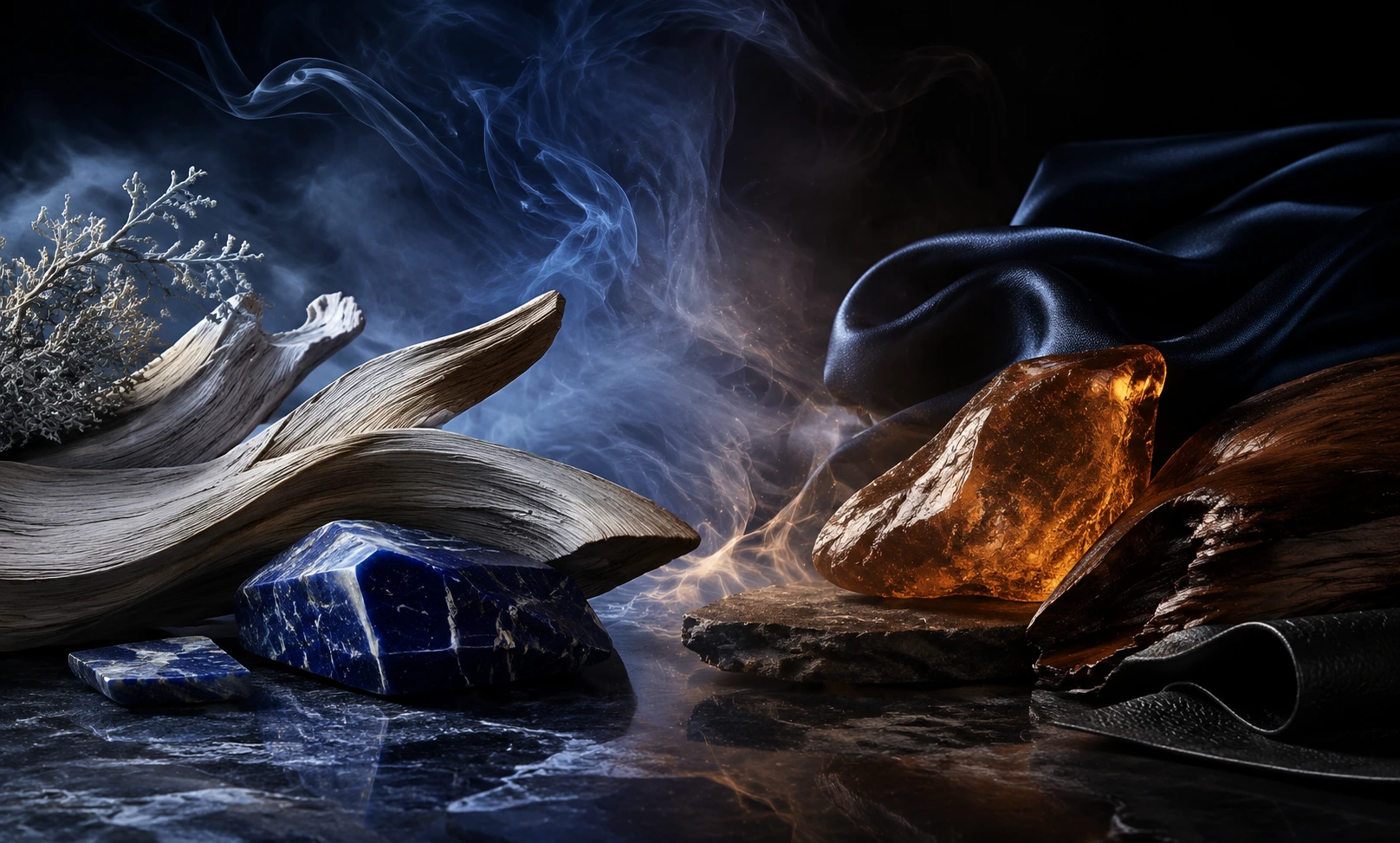 Cool blue woods and polished stone contrasted with glowing amber resin and dark silk, representing the dry-down of Bleu de Chanel Parfum vs L’Exclusif